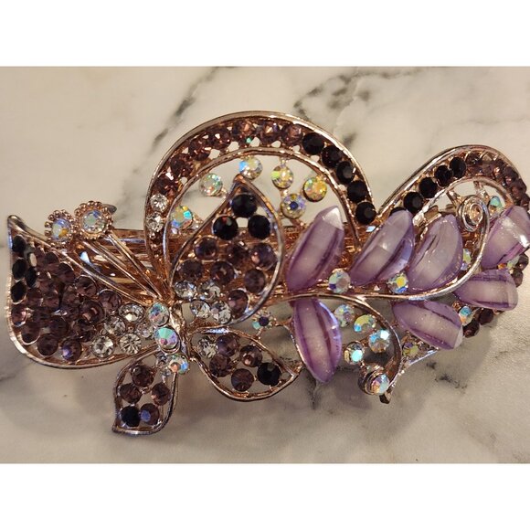 Vintage Rhinestone & Faux Gem Floral Hair Clip Purple Butterfly - Picture 2 of 4